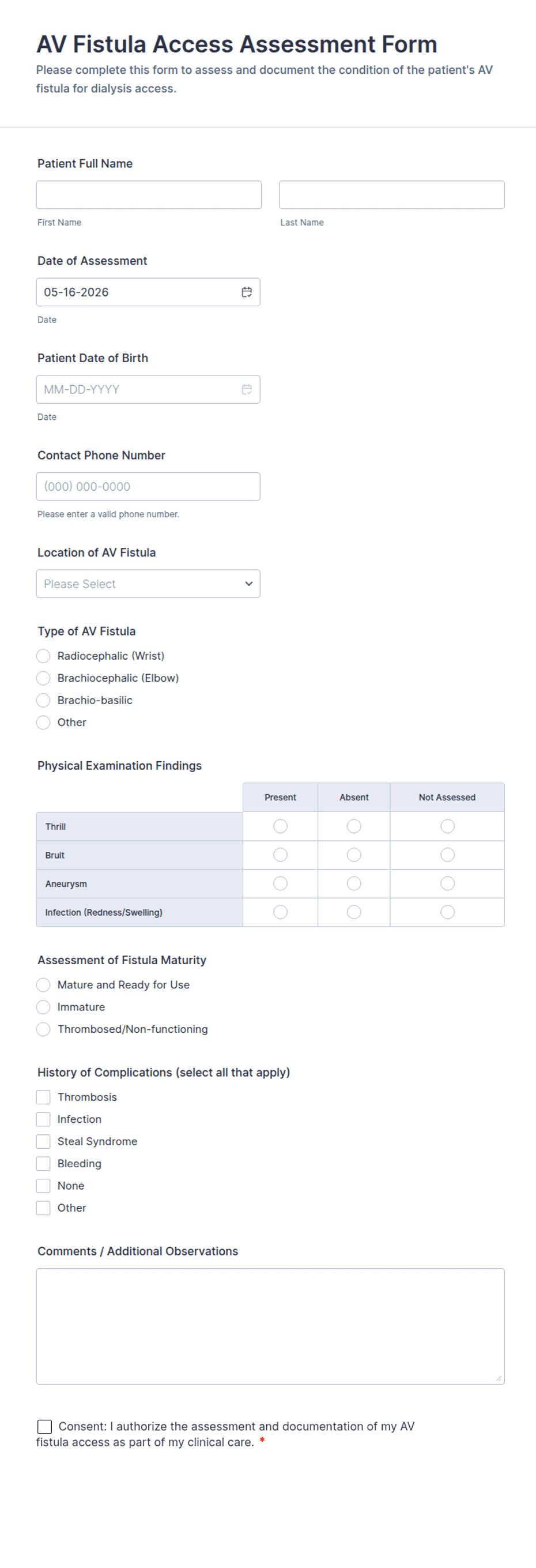 Form Av Inmode AV Fistula Access Assessment Form Template | Jotform