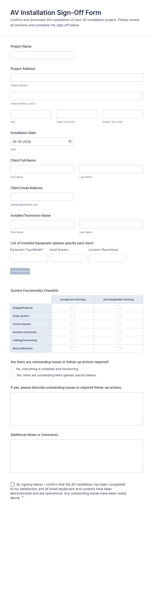 AV Installation Sign Off Form Template