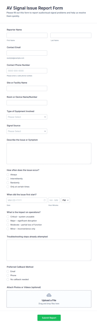 AV Signal Issue Report Form Template