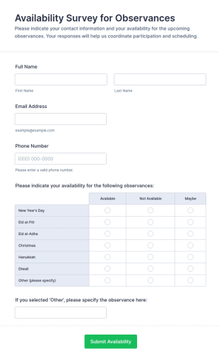 Availability Survey For Observances Form Template