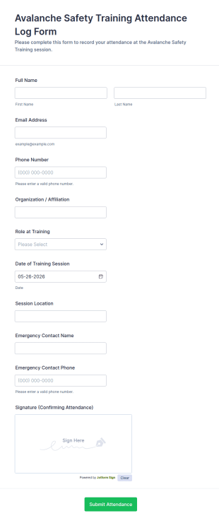 Avalanche Safety Training Attendance Log Form Template