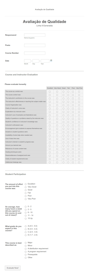 Avaliação De Qualidade Form Template
