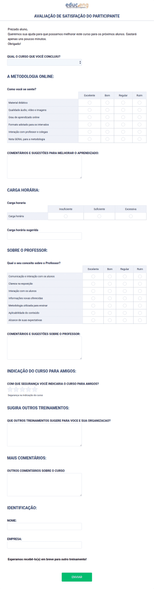 AVALIAÇÃO DE SATISFAÇÃO DO PARTICIPANTE Cursos De Rigging