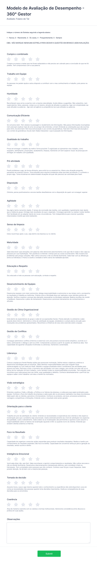 Modelo De Avaliação De Desempenho Form Template
