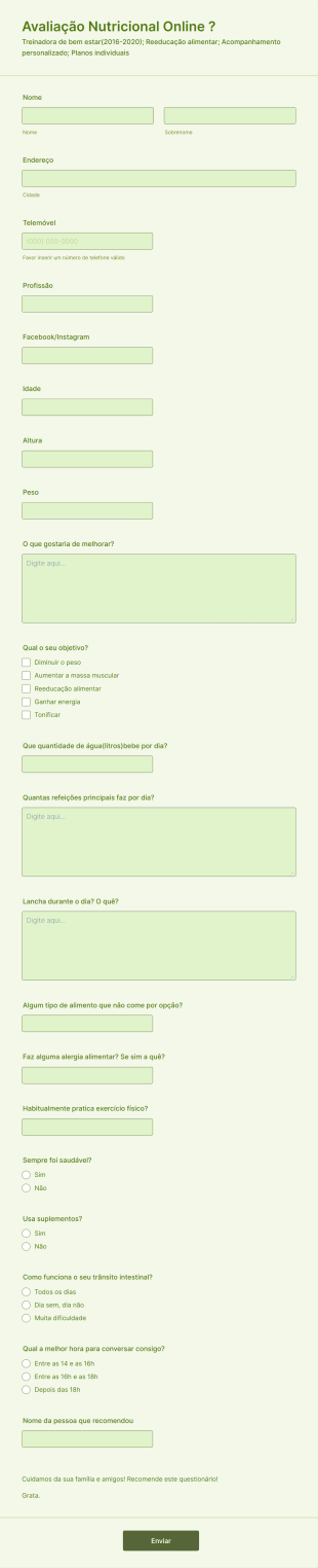 Avaliação Nutricional Online 🍀 Form Template