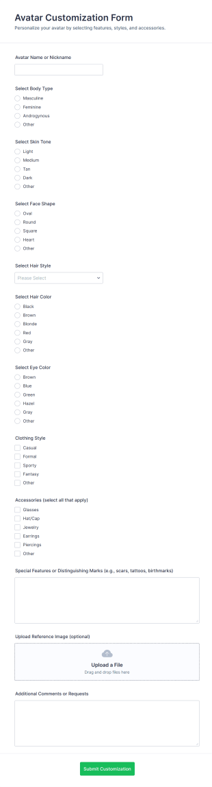 Avatar Customization Form Template