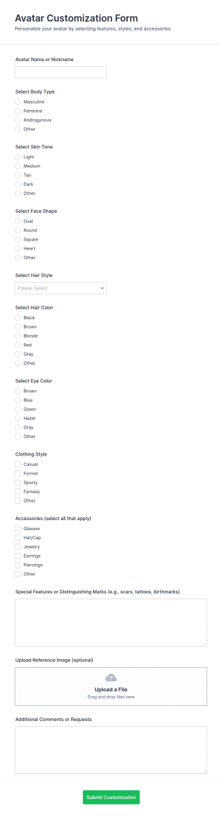 Avatar Customization Form Template