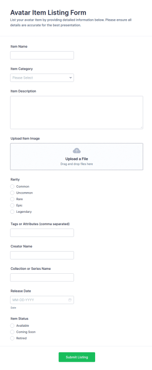 Avatar Item Listing Form Template