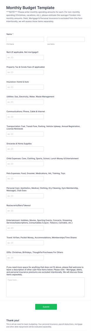 Seabrook & Associates Monthly Budget Form Template