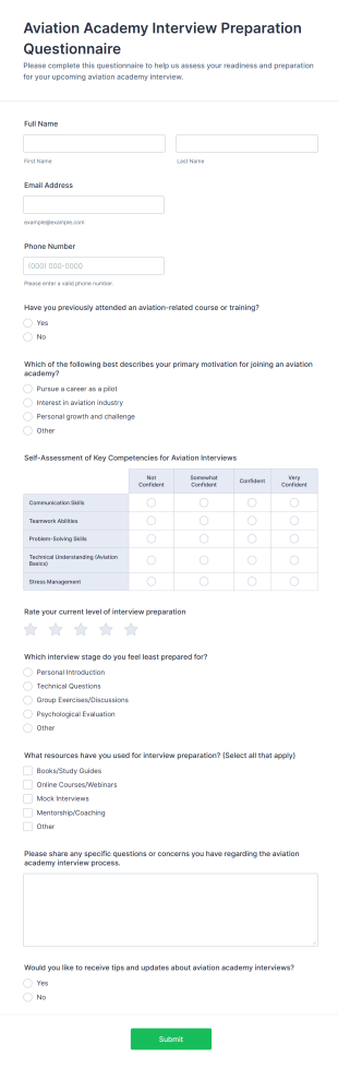 Aviation Academy Interview Preparation Questionnaire Form Template