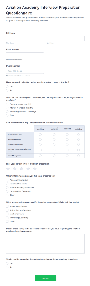 Aviation Academy Interview Preparation Questionnaire Form Template