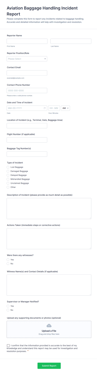 Aviation Baggage Handling Incident Report Form Template