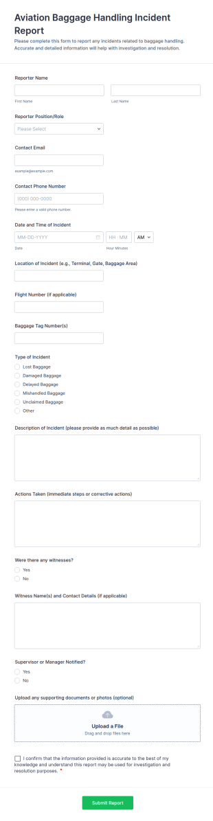 Aviation Baggage Handling Incident Report Form Template