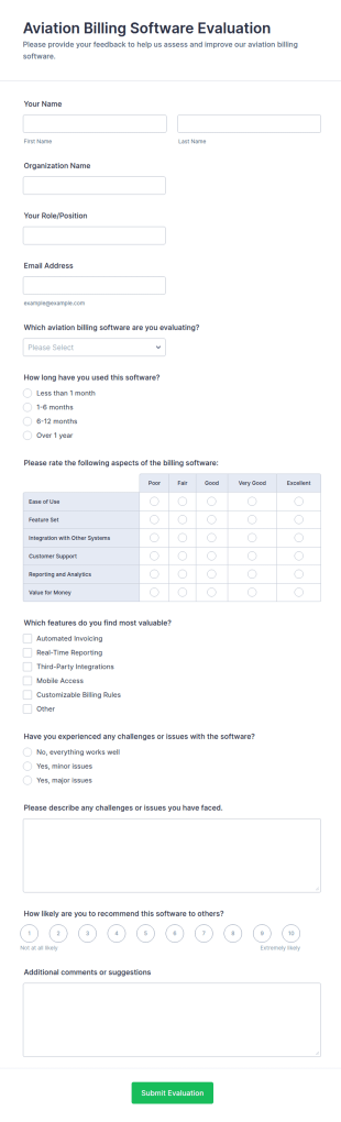 Aviation Billing Software Evaluation Form Template