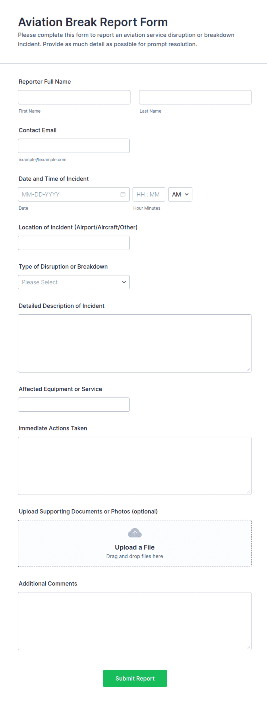 Aviation Break Report Form Template | Jotform