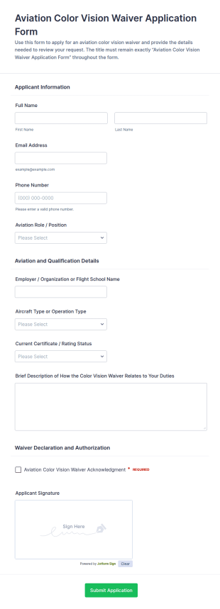 Aviation Color Vision Waiver Application Form Template