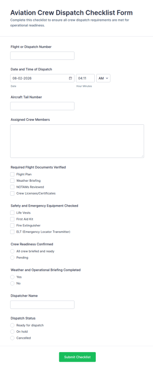 Aviation Crew Dispatch Checklist Form Template
