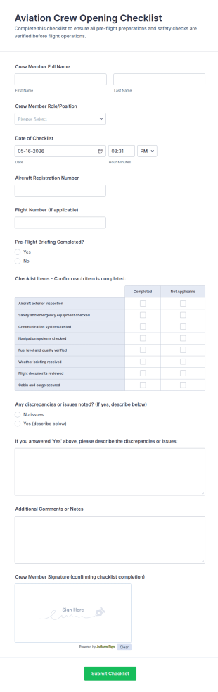 Aviation Crew Opening Checklist Form Template