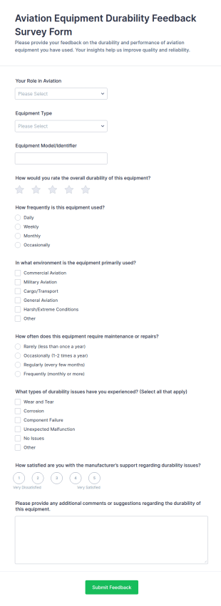 Aviation Equipment Durability Feedback Survey Form Template