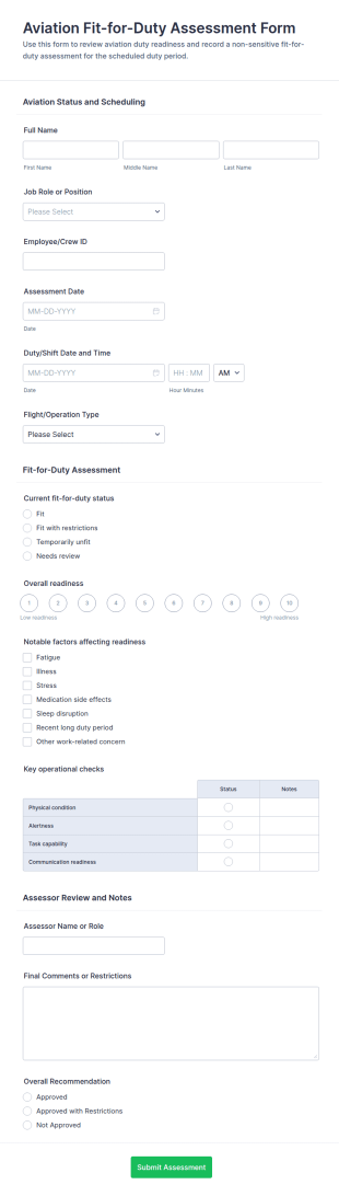 Aviation Fit For Duty Assessment Form Template