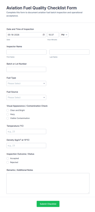 Aviation Fuel Quality Checklist Form Template