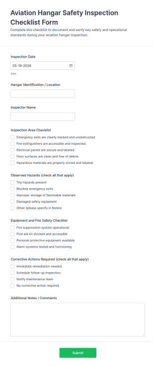Aviation Hangar Safety Inspection Checklist Form Template