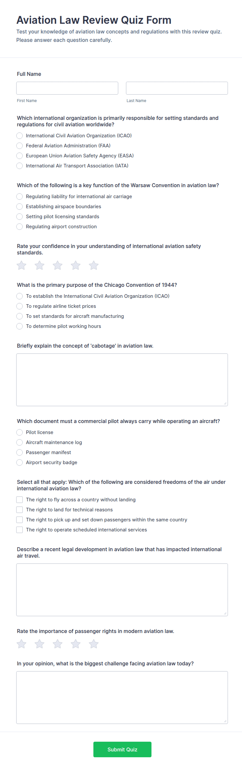 Aviation Law Review Quiz Form Template | Jotform