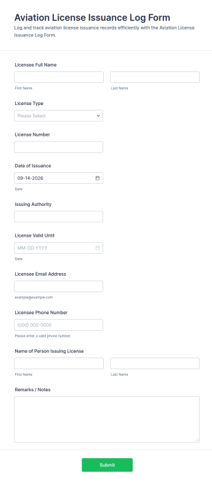 Aviation License Issuance Log Form Template