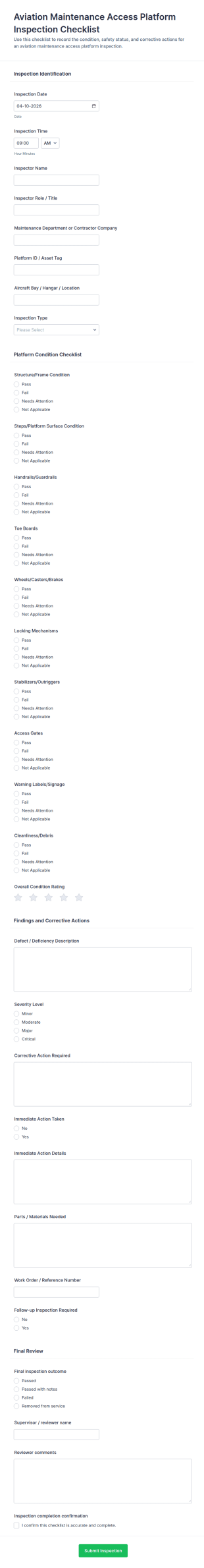 Aviation Maintenance Access Platform Inspection Checklist Form Template