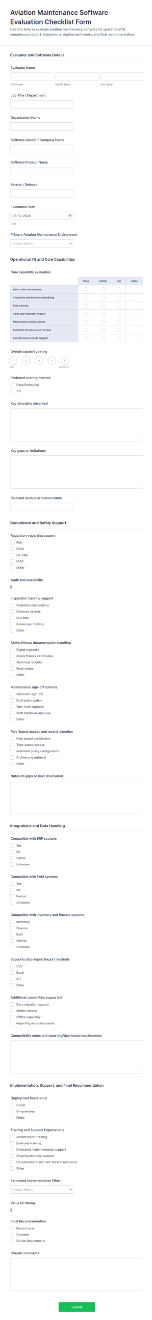 Aviation Maintenance Software Evaluation Checklist Form Template