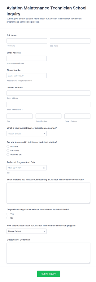 Aviation Maintenance Technician School Inquiry Form Template