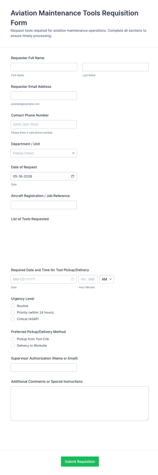 Aviation Maintenance Tools Requisition Form Template