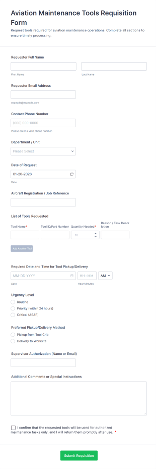 Aviation Maintenance Tools Requisition Form Template