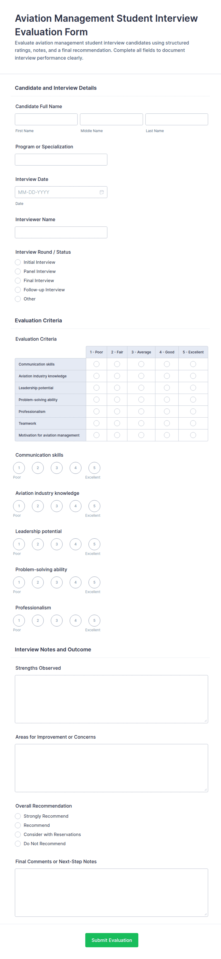 Aviation Management Student Interview Evaluation Form Template | Jotform