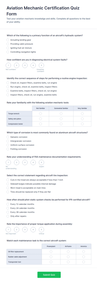 Aviation Mechanic Certification Assessment Quiz Form Template
