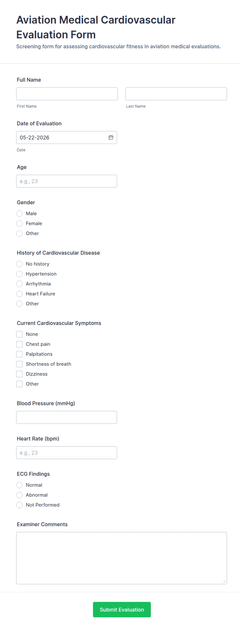 Aviation Medical Cardiovascular Evaluation Form Template | Jotform