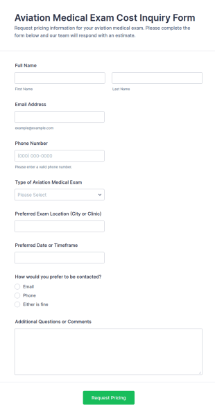 Aviation Medical Exam Cost Inquiry Form Template