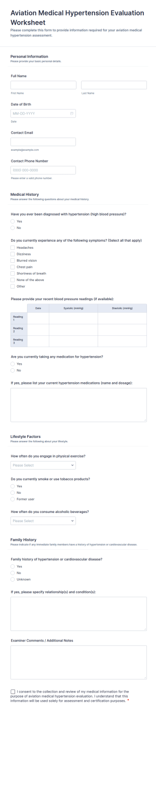 Aviation Medical Hypertension Evaluation Worksheet Form Template