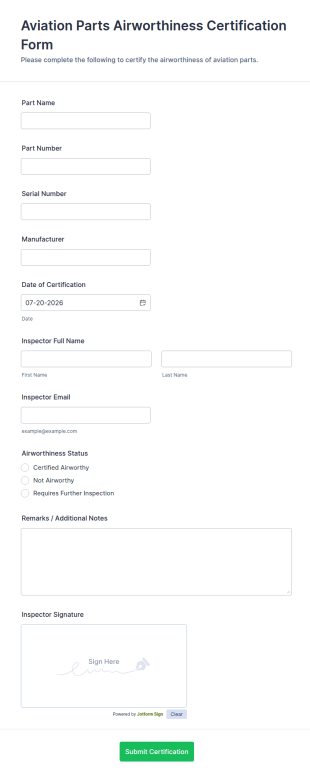 Aviation Parts Airworthiness Certification Form Template