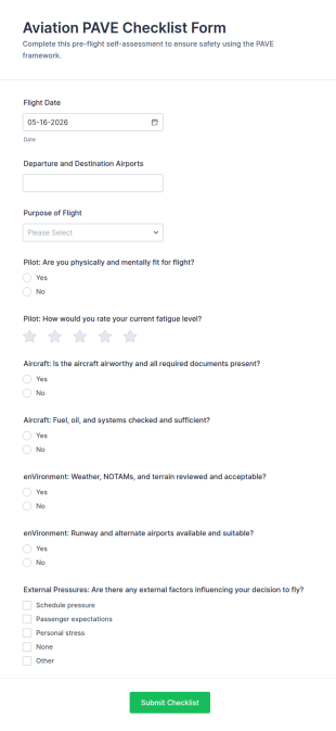 Aviation PAVE Checklist Form Template