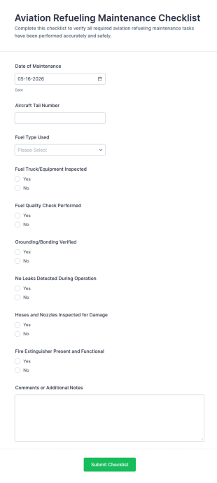 Aviation Refueling Maintenance Checklist Form Template