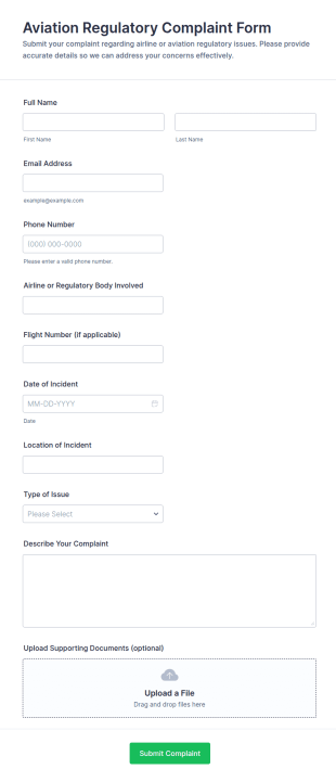 Aviation Regulatory Complaint Form Template