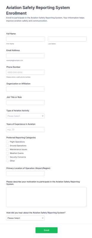 Aviation Safety Reporting System Enrollment Form Template