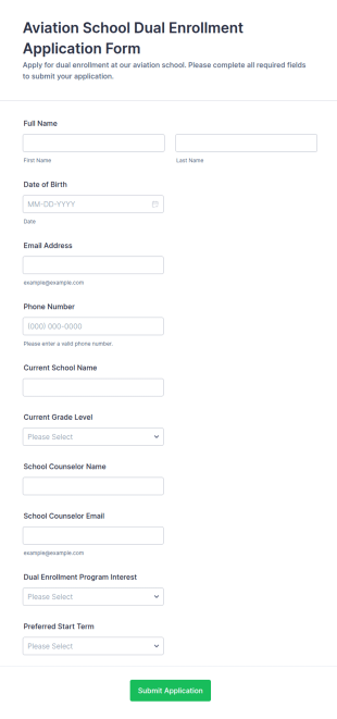 Aviation School Dual Enrollment Application Form Template