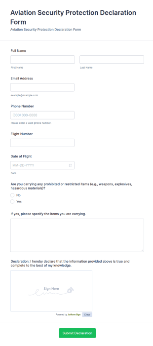 Aviation Security Protection Declaration Form Template