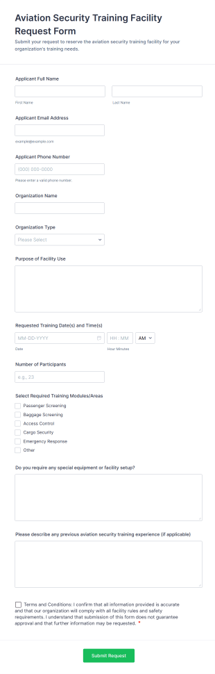 Aviation Security Training Facility Request Form Template