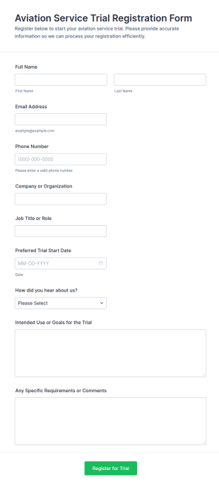 Aviation Service Trial Registration Form Template