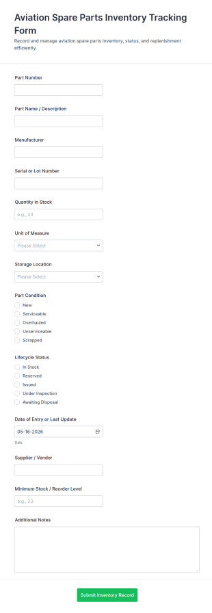 Aviation Spare Parts Inventory Tracking Form Template