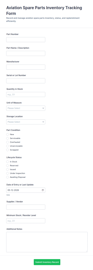 Aviation Spare Parts Inventory Tracking Form Template