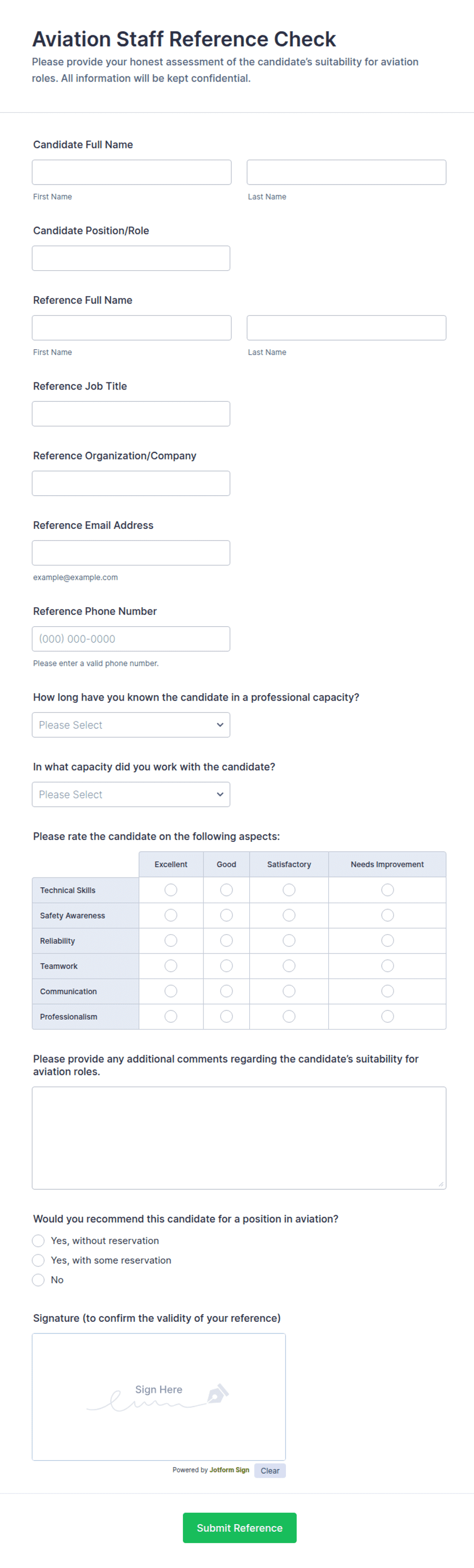 Aviation Staff Reference Check Form Template | Jotform